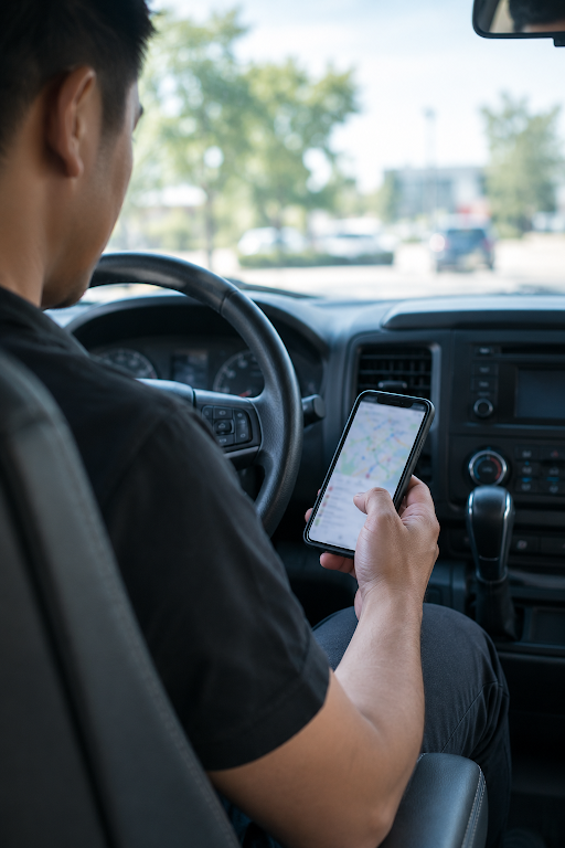 A driver checking the Pulse app from the cab