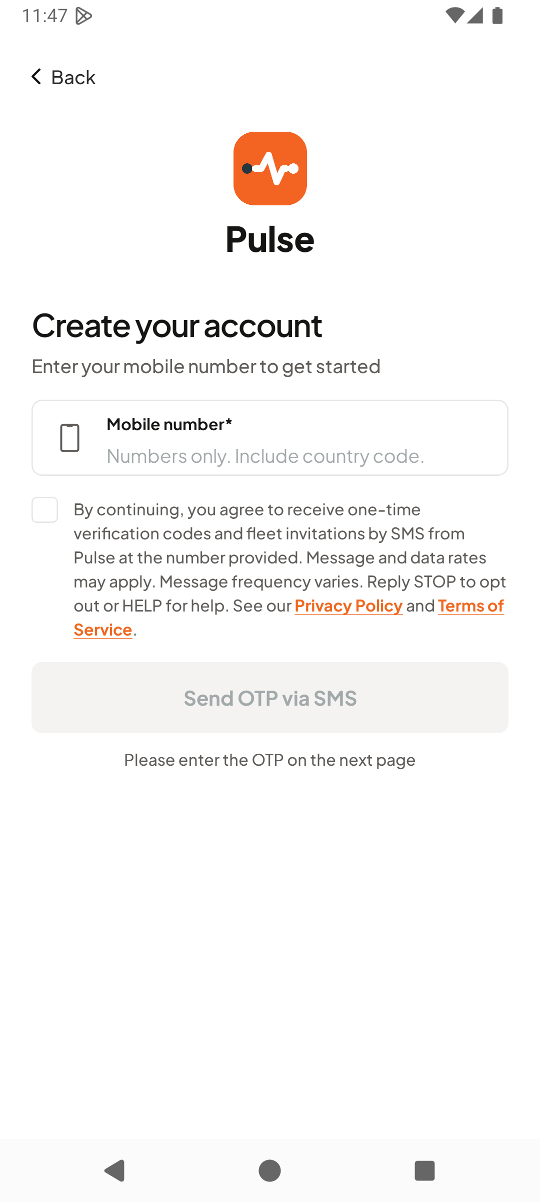 Pulse Driver app, Create your account screen. The agreement checkbox below the mobile number field is unticked and the Send OTP via SMS button is greyed out and disabled.