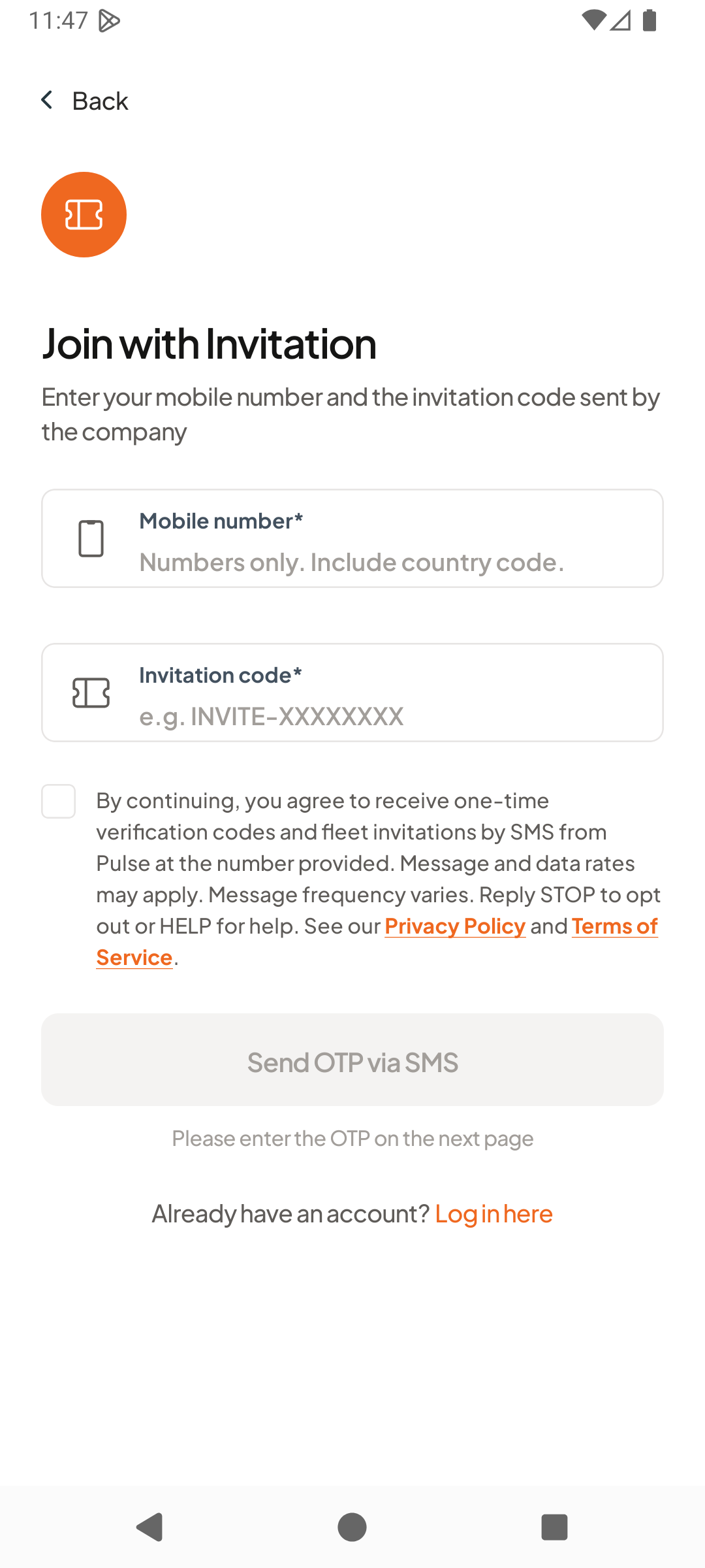 Pulse Driver app, Join with Invitation screen. The same agreement checkbox sits below the mobile number and invitation code fields, unticked, with the Send OTP via SMS button greyed out and disabled.