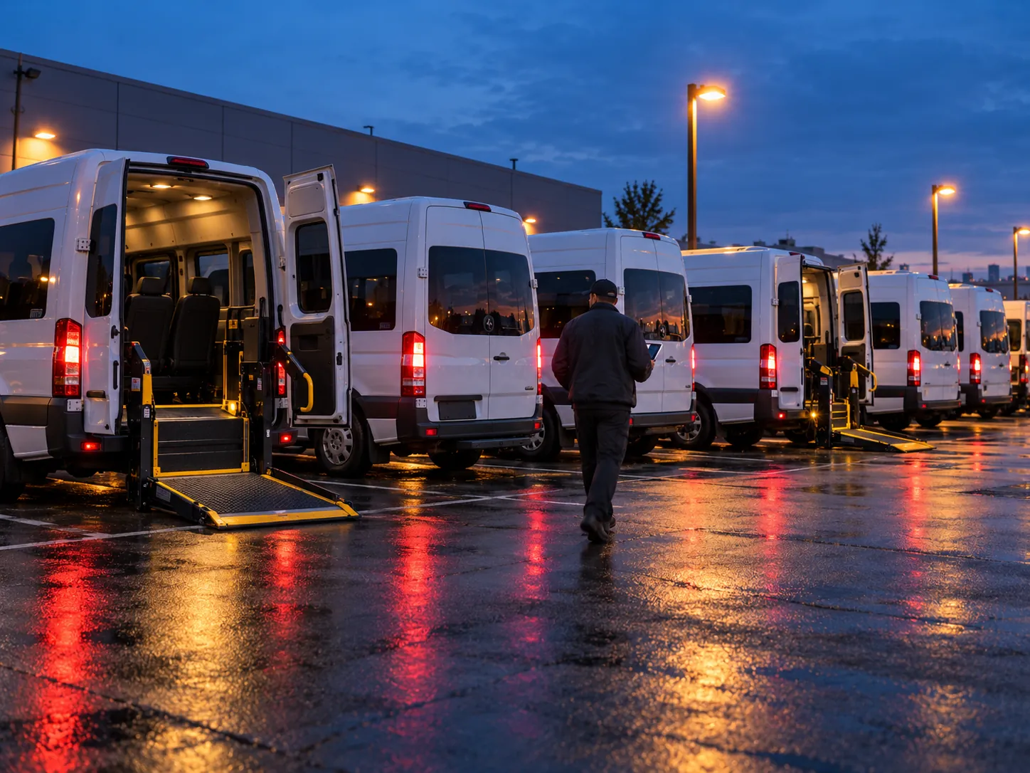 Accessible vans at a depot
