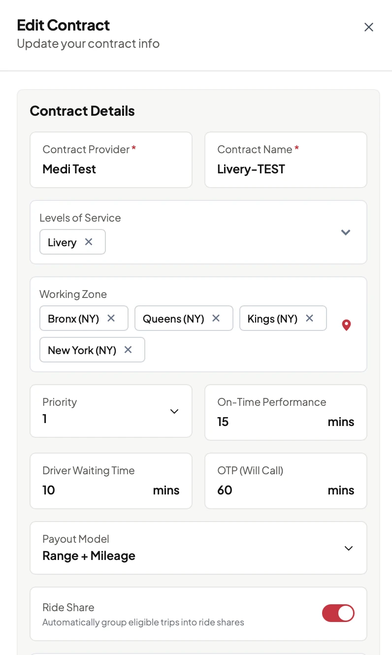 Contract settings with the on-time window, waiting time and payout model. Demo data.