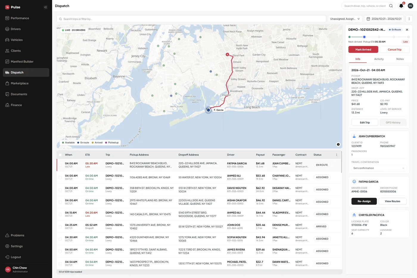 The Pulse Dispatch page with a late trip highlighted, demo data