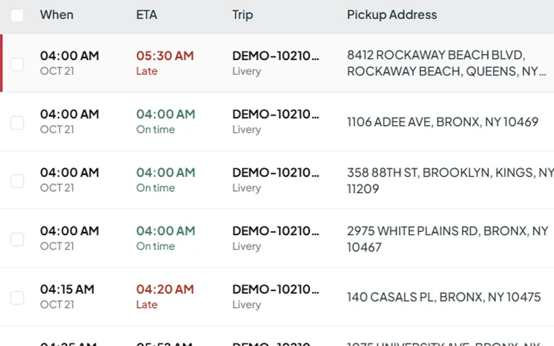 The trip board with a late trip flagged