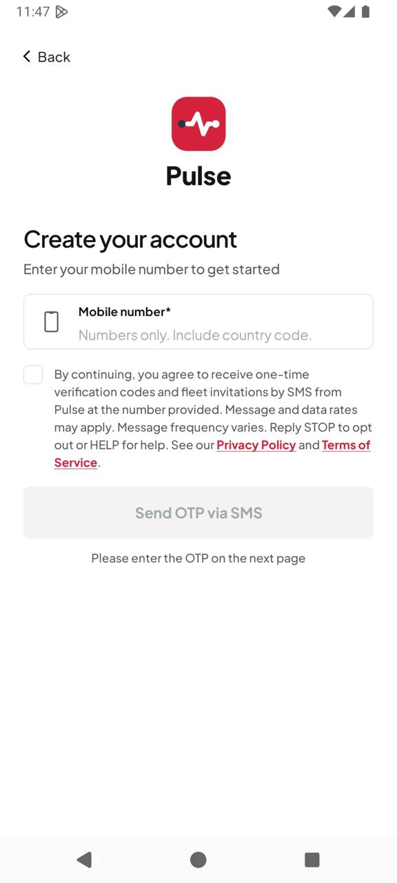 Pulse Driver app, Create your account screen. The agreement checkbox below the mobile number field is unticked and the Send OTP via SMS button is greyed out and disabled.