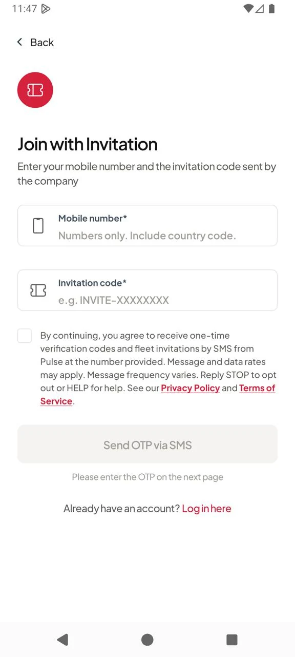 Pulse Driver app, Join with Invitation screen. The same agreement checkbox sits below the mobile number and invitation code fields, unticked, with the Send OTP via SMS button greyed out and disabled.